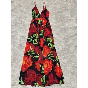 Bebe Romper Maxi Dress Womens 0 Red Black Floral Deep V Neck Slits
